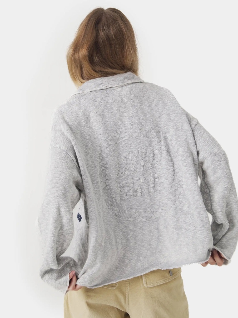 EME Studios Kiff Grey Distressed Knit Polo Sweater Size XS Oversized - Picture 2 of 10